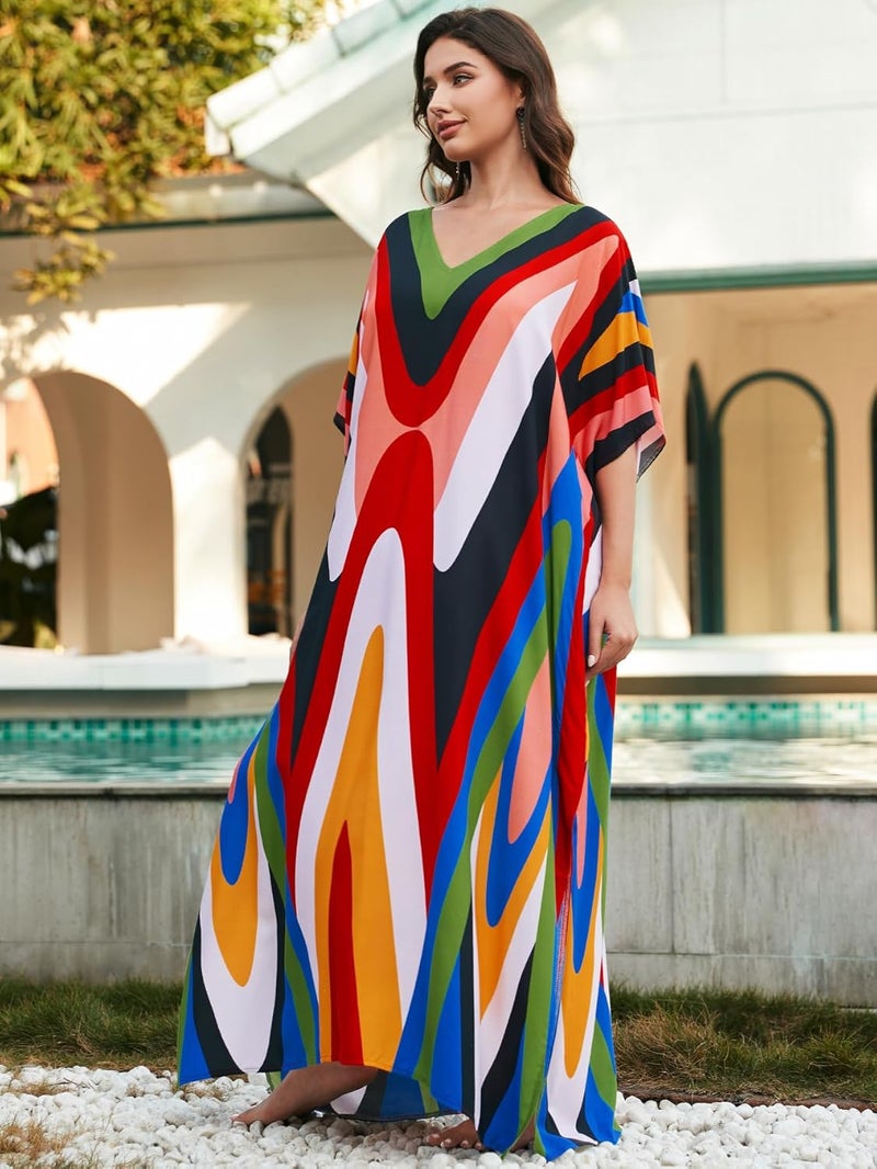 IMAGEKOPE Women's Plus Size Loose Fit Moroccan Print V-Neck Batwing Kaftan Beach Dress Bathing Suit Cover Up - Image 5